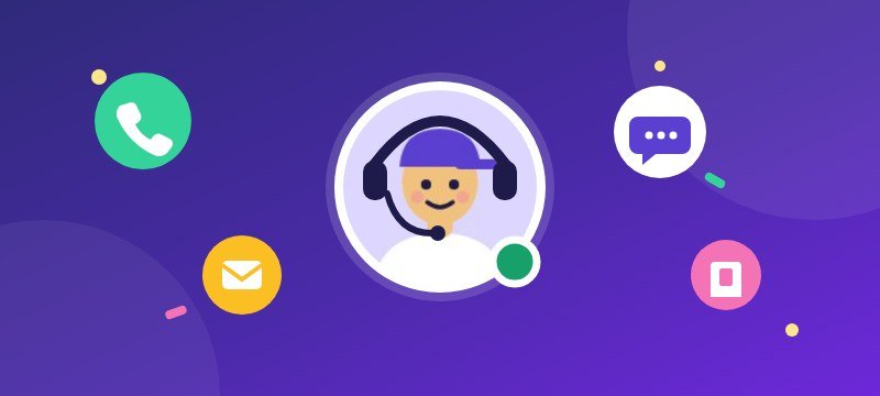 A friendly support person with a headset, surrounded by phone, text and email icons