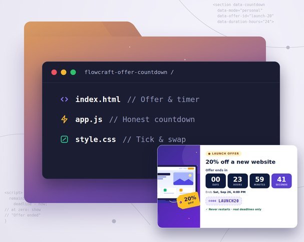 FlowCraft Offer Countdown folder showing index.html, app.js and style.css, with a days, hours, minutes and seconds countdown