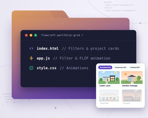 FlowCraft Portfolio Grid folder showing index.html, app.js and style.css, with a filtered grid of project cards