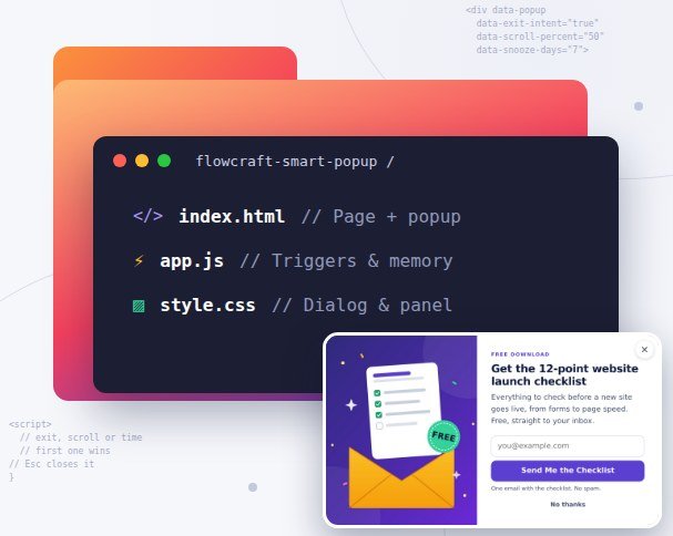 FlowCraft Smart Popup folder showing index.html, app.js and style.css, with a sign-up popup offering a free checklist