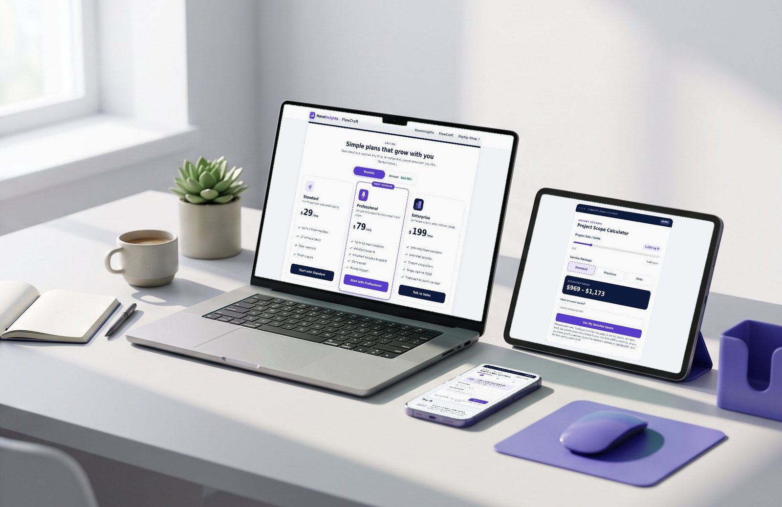 Laptop, tablet and phone on a bright desk showing the FlowCraft Pricing Matrix, Scope Estimator and Lead Wizard