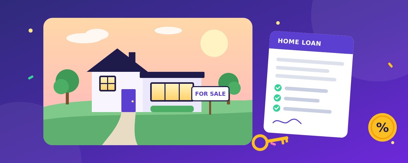 A family home with a For Sale sign, next to a home loan document with checked items