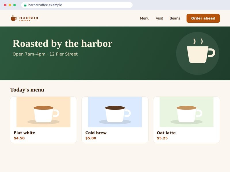 Website for Harbor Coffee: a green banner and today's coffee menu