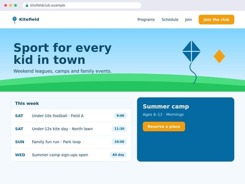 Website for Kitefield: a kids' sports club page with a weekly schedule