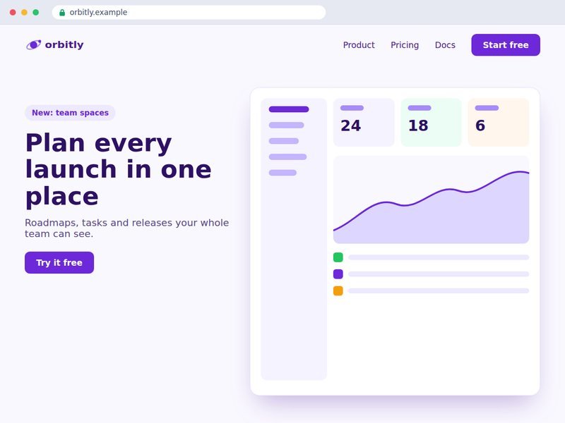 Website for Orbitly: a product page with a project dashboard