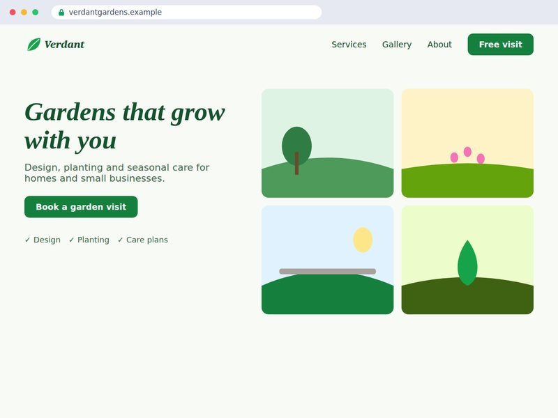 Website for Verdant: a garden design page with a photo gallery