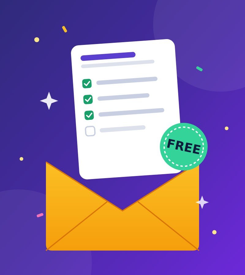 A checklist rising out of an open envelope with a Free badge