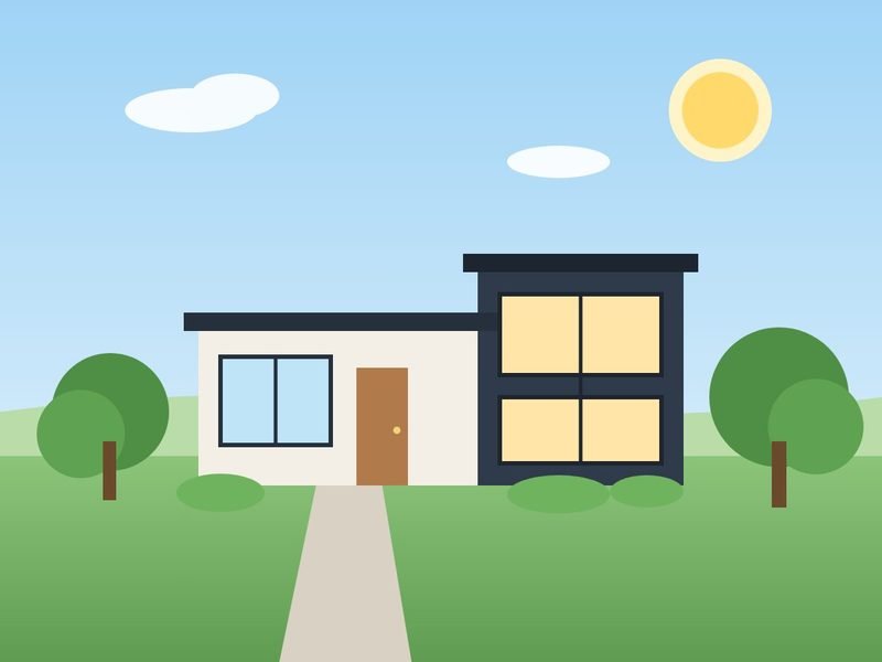 Modern two-storey family home with a dark upper storey, large windows and a garden path