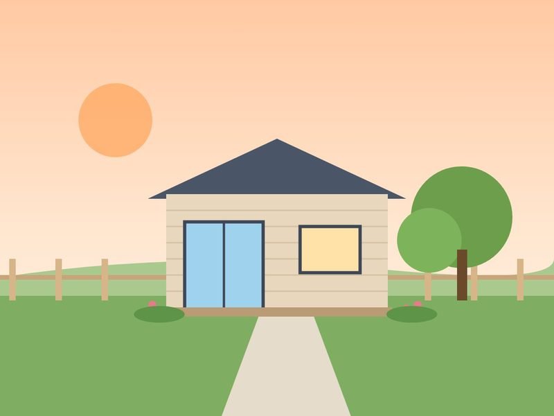Small backyard cottage with pale siding, a sliding glass door and a fenced garden