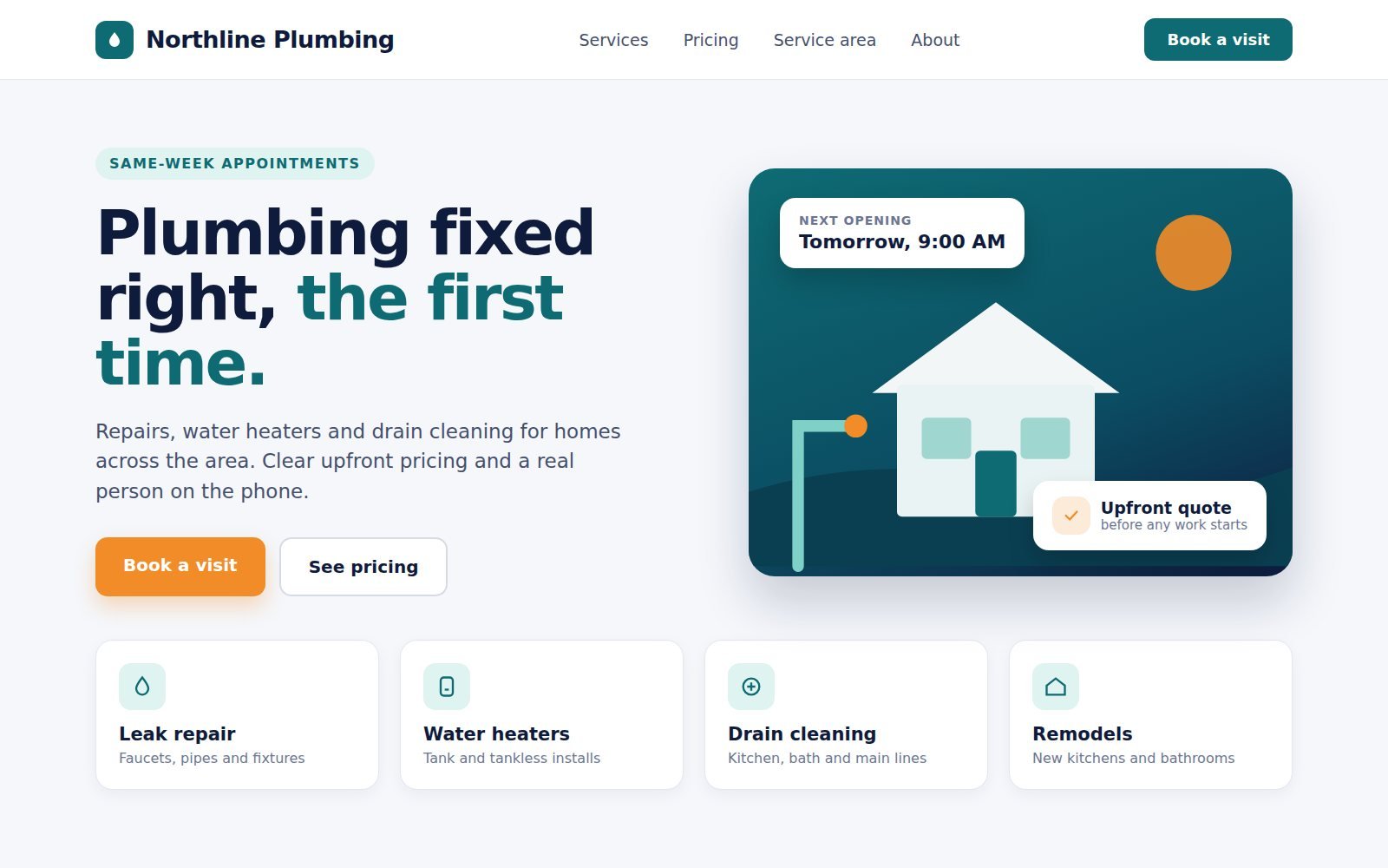 After: the redesigned Northline Plumbing website with a clean layout and clear booking buttons