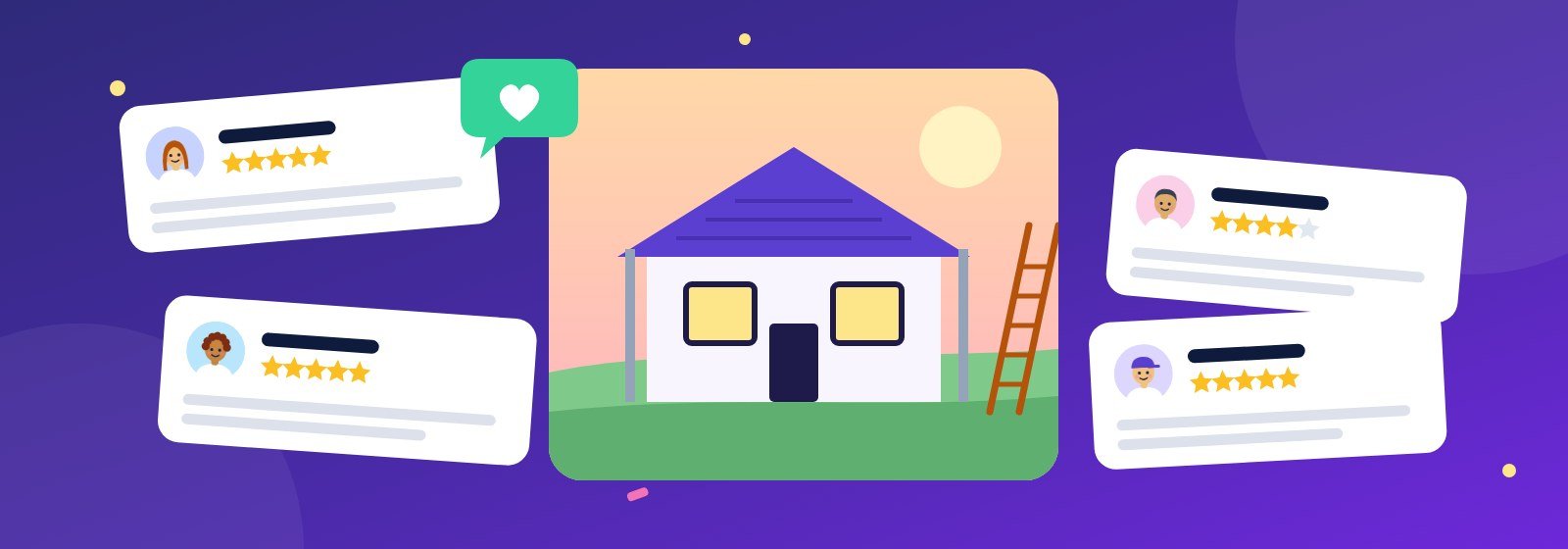 Review cards with five-star ratings floating around a house