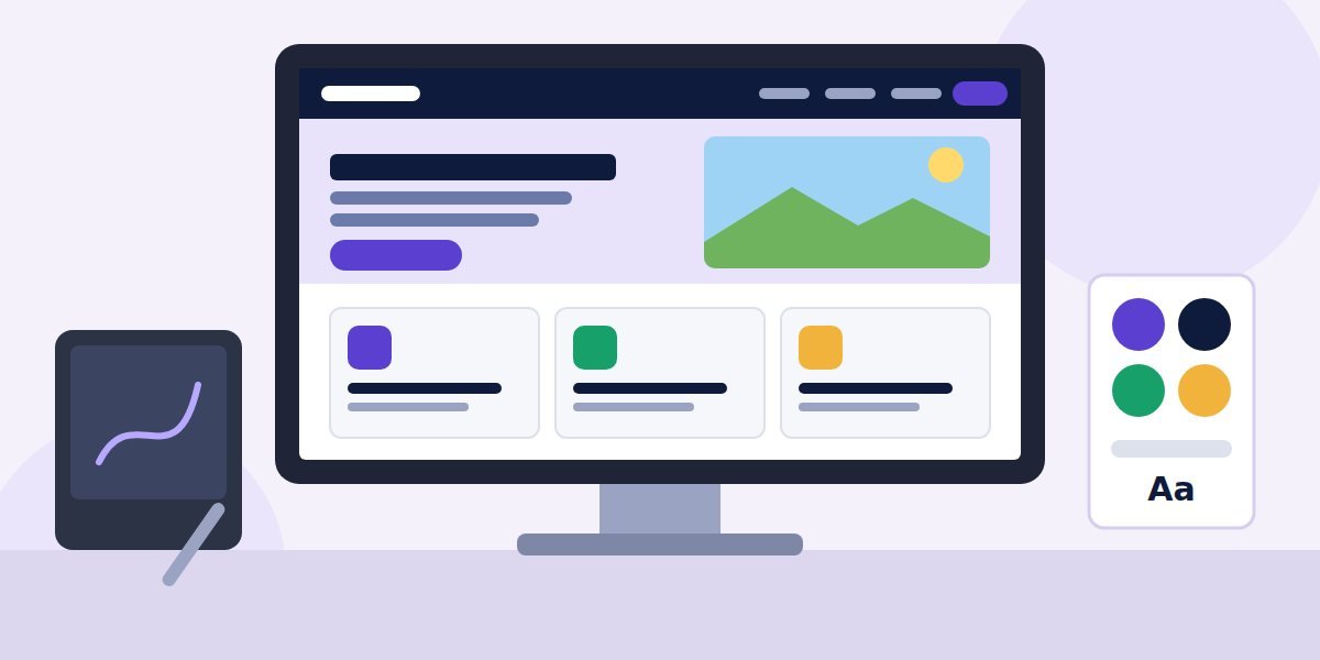A desktop monitor showing a website design mockup, next to colour swatches and a drawing tablet